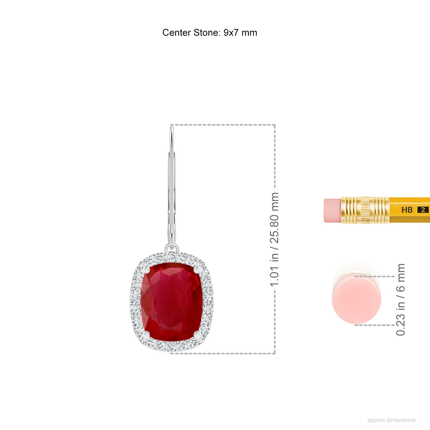 9x7mm AA Cushion Ruby Leverback Earrings with Diamond Halo in White Gold - ruler