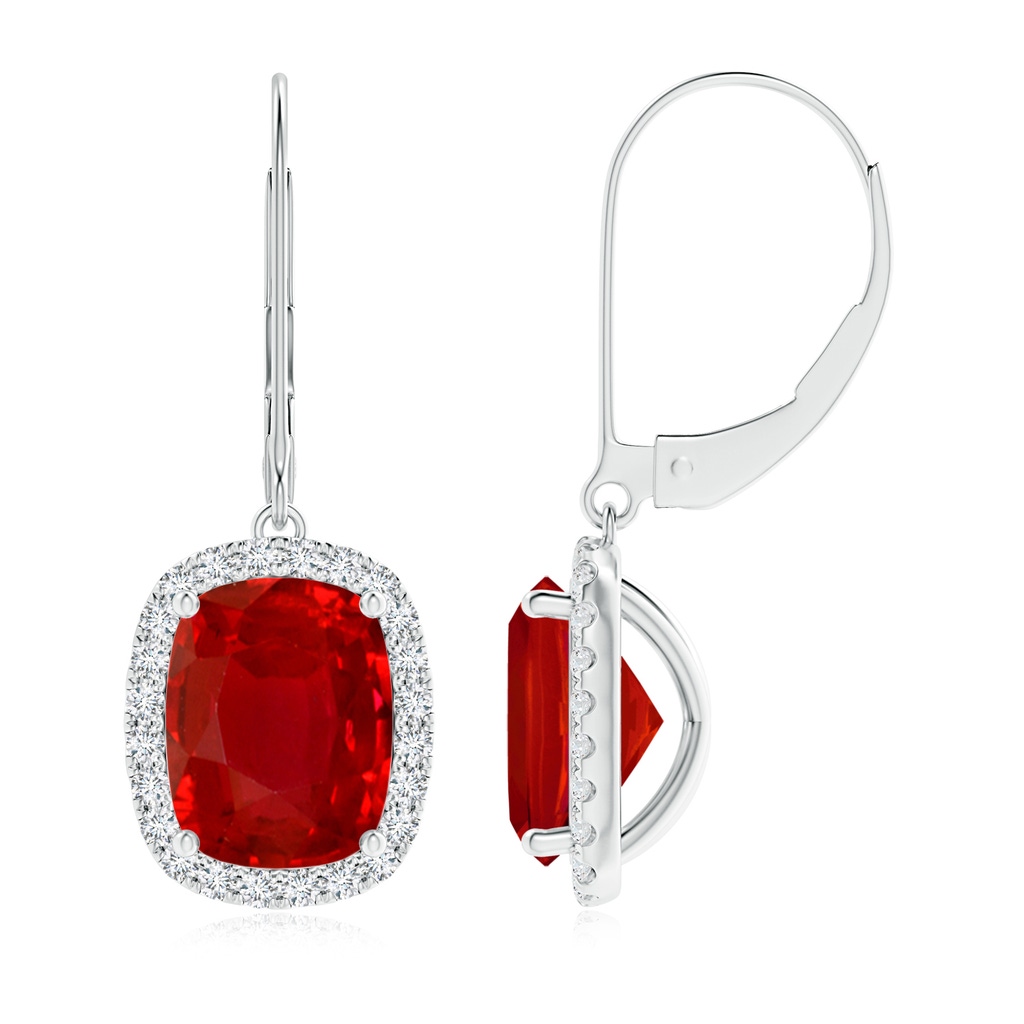 9x7mm AAA Cushion Ruby Leverback Earrings with Diamond Halo in White Gold