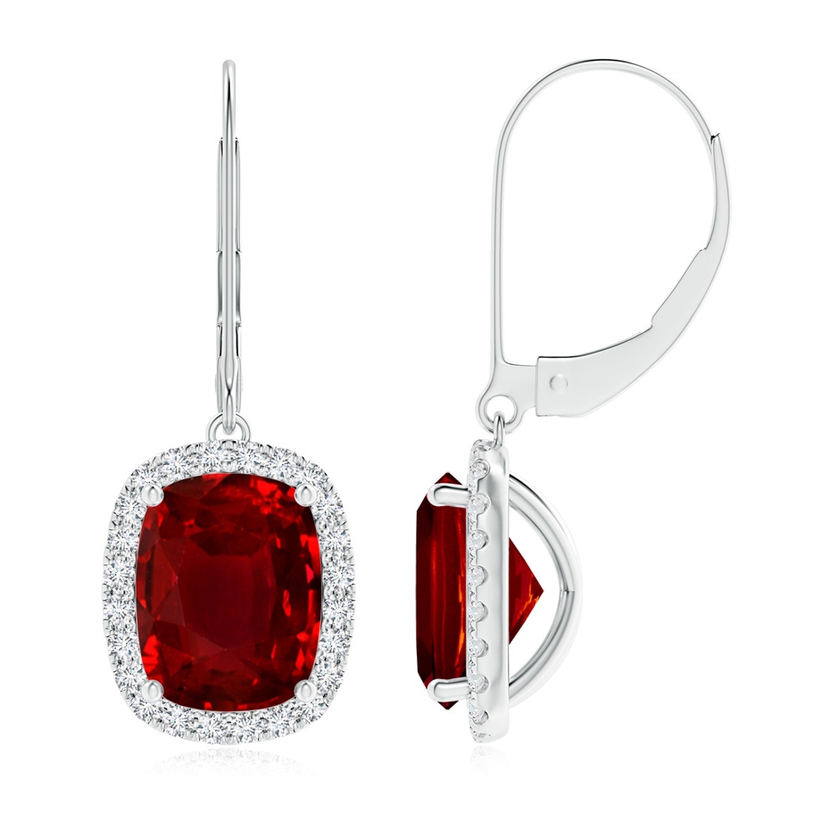 9x7mm AAAA Cushion Ruby Leverback Earrings with Diamond Halo in P950 Platinum 