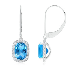 7x5mm AAAA Cushion Swiss Blue Topaz Leverback Earrings with Diamond Halo in P950 Platinum