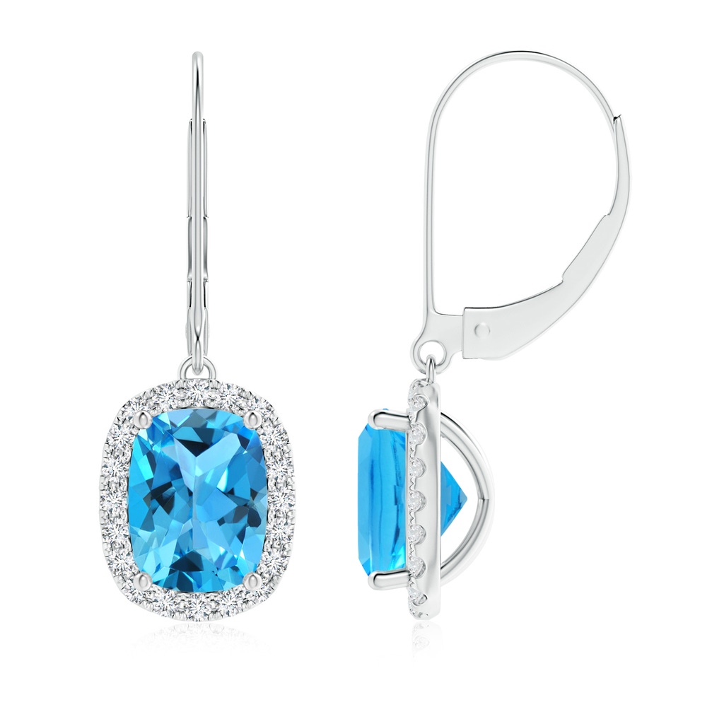 8x6mm AAA Cushion Swiss Blue Topaz Leverback Earrings with Diamond Halo in White Gold