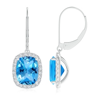 9x7mm AAAA Cushion Swiss Blue Topaz Leverback Earrings with Diamond Halo in P950 Platinum