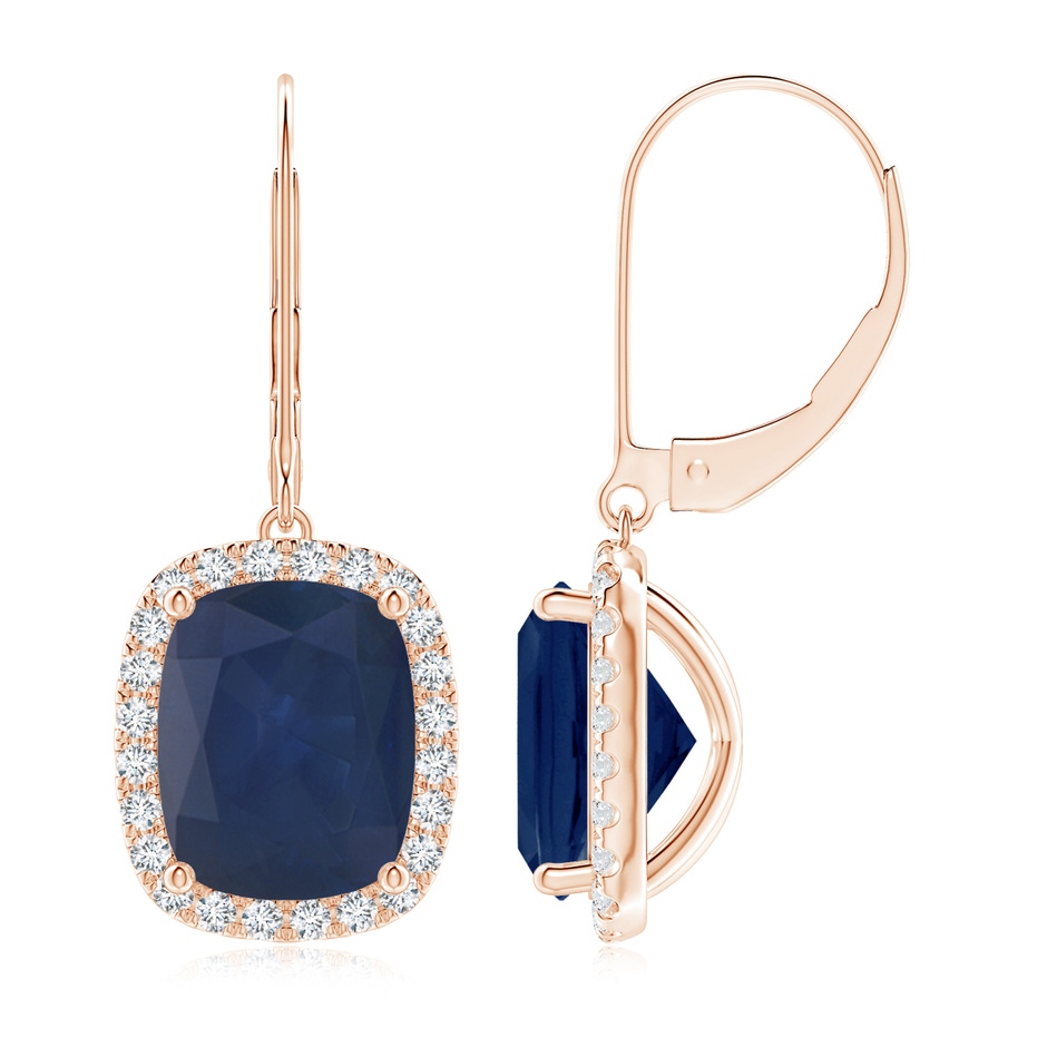 10x8mm A Cushion Blue Sapphire Leverback Earrings with Diamond Halo in Rose Gold 