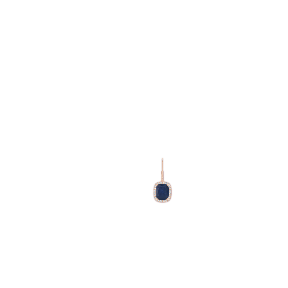 10x8mm A Cushion Blue Sapphire Leverback Earrings with Diamond Halo in Rose Gold ear