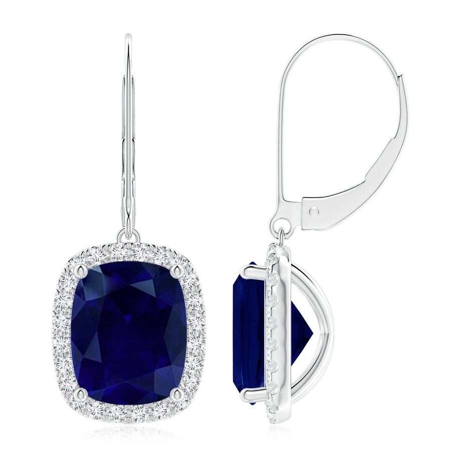 10x8mm AA Cushion Blue Sapphire Leverback Earrings with Diamond Halo in P950 Platinum 