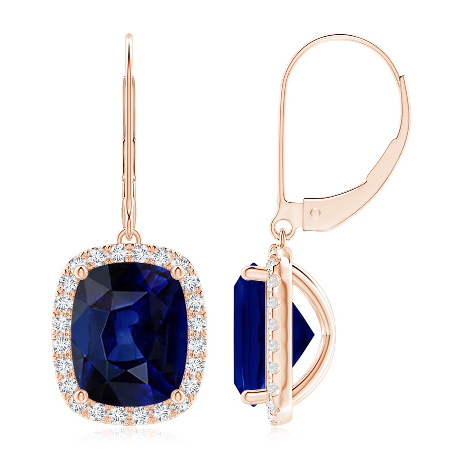 10x8mm AAA Cushion Blue Sapphire Leverback Earrings with Diamond Halo in Rose Gold 