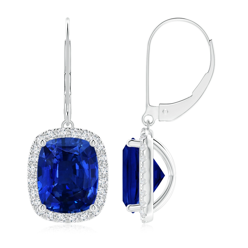 10x8mm AAAA Cushion Blue Sapphire Leverback Earrings with Diamond Halo in P950 Platinum