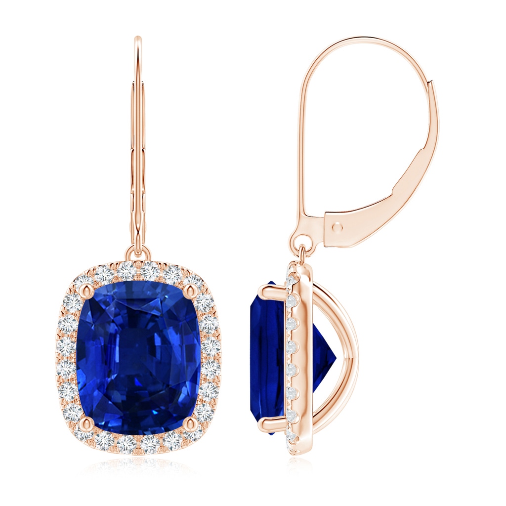 10x8mm AAAA Cushion Blue Sapphire Leverback Earrings with Diamond Halo in Rose Gold