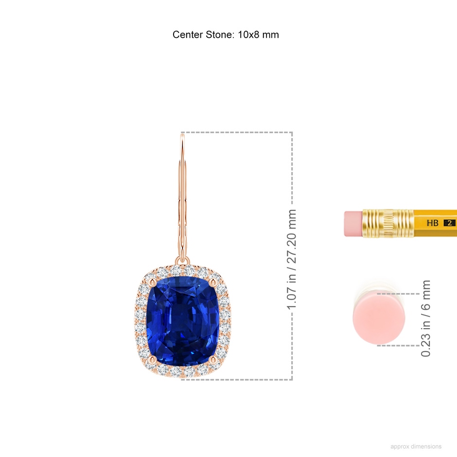 10x8mm AAAA Cushion Blue Sapphire Leverback Earrings with Diamond Halo in Rose Gold ruler