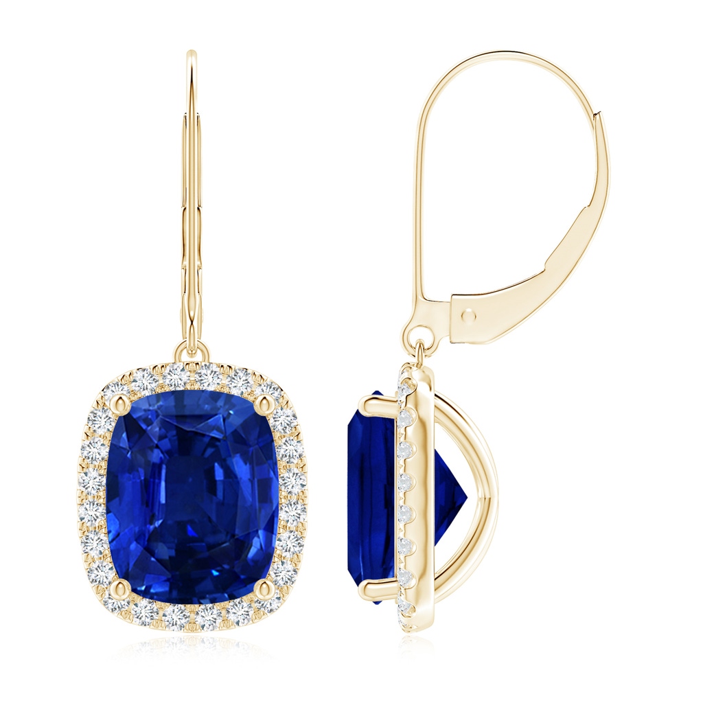 10x8mm AAAA Cushion Blue Sapphire Leverback Earrings with Diamond Halo in Yellow Gold
