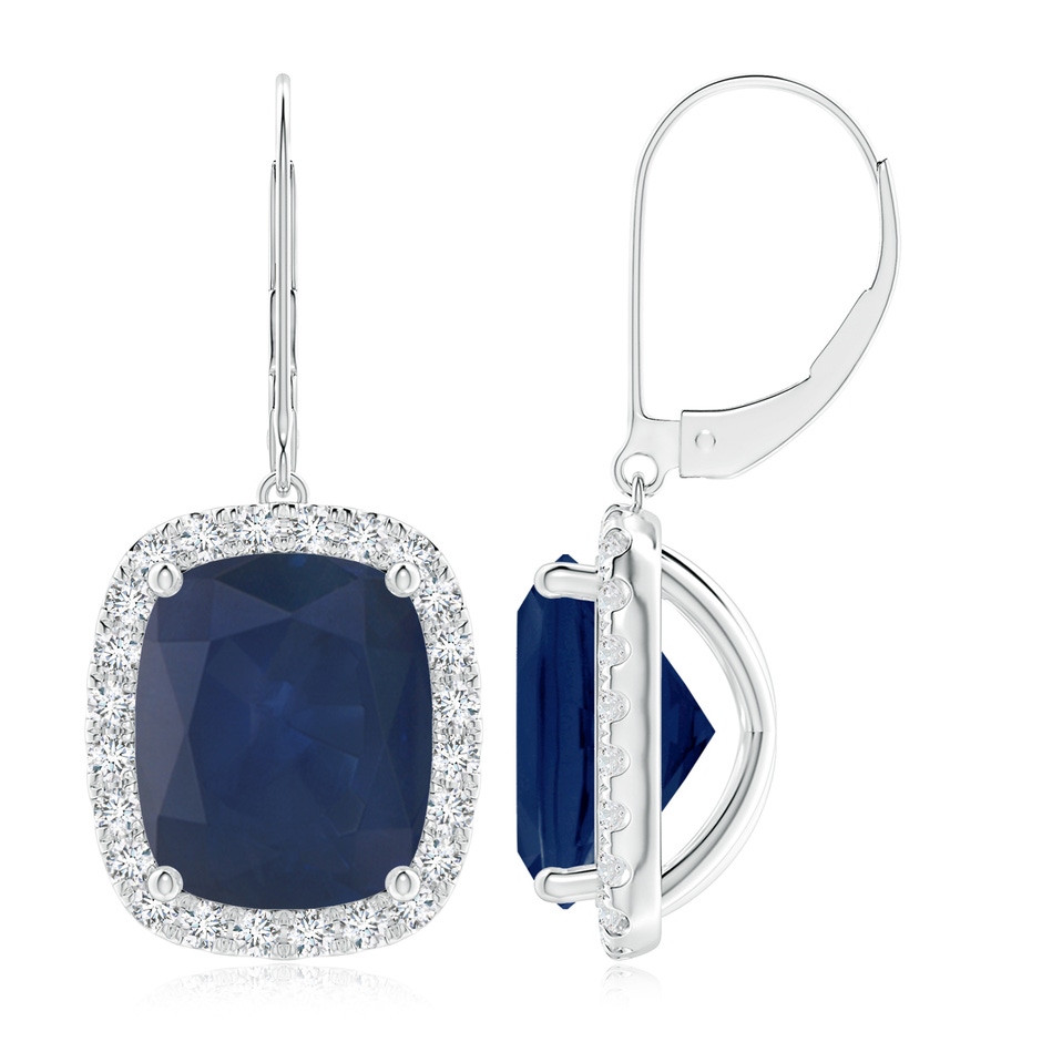 12x10mm A Cushion Blue Sapphire Leverback Earrings with Diamond Halo in P950 Platinum 
