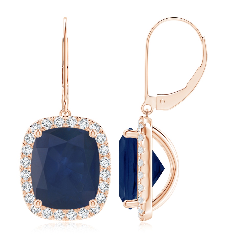 12x10mm A Cushion Blue Sapphire Leverback Earrings with Diamond Halo in Rose Gold 