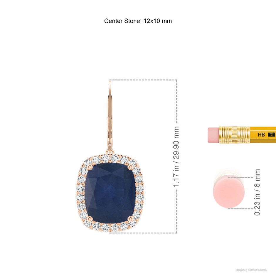 12x10mm A Cushion Blue Sapphire Leverback Earrings with Diamond Halo in Rose Gold ruler