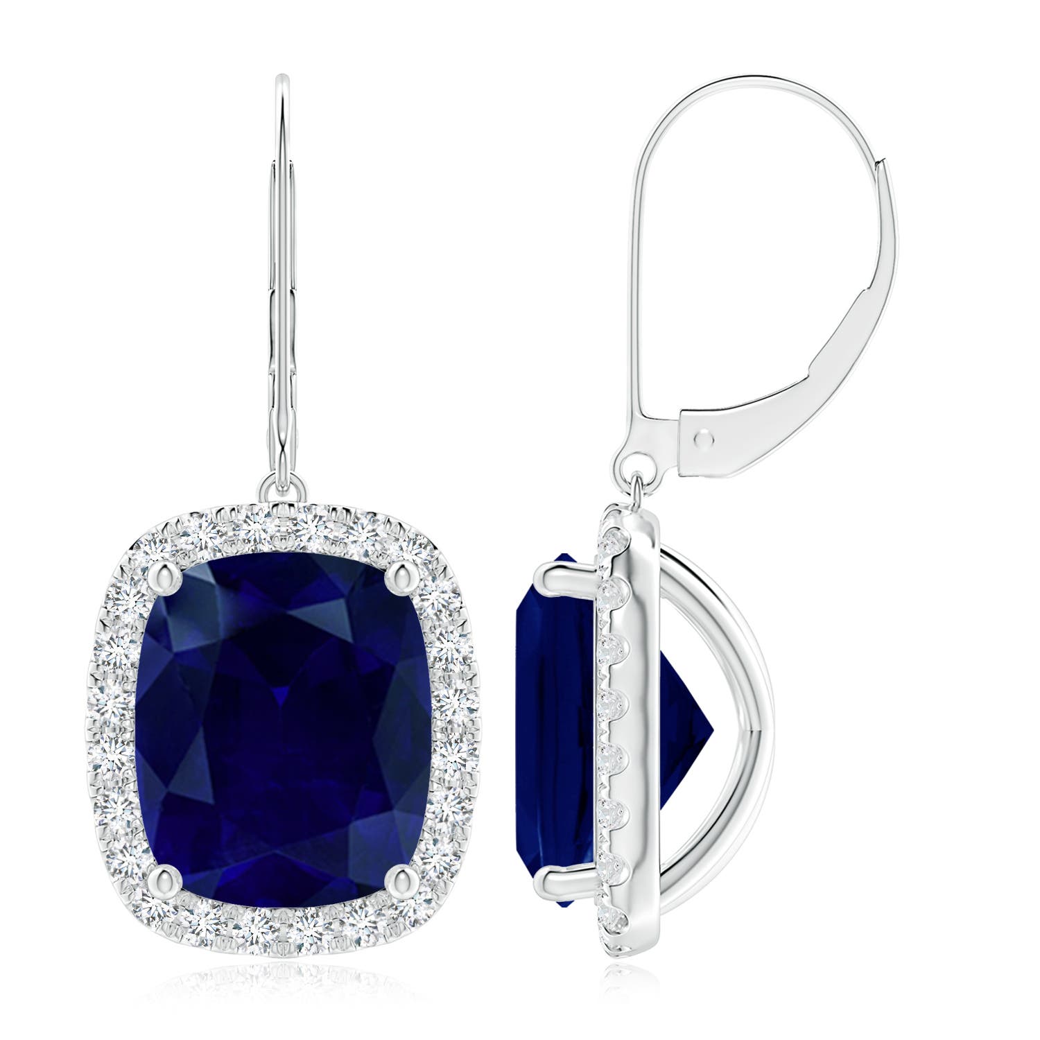 Angara 10.86 CTW Cushion Blue Sapphire Leverback Earrings with Diamond Halo in Platinum
