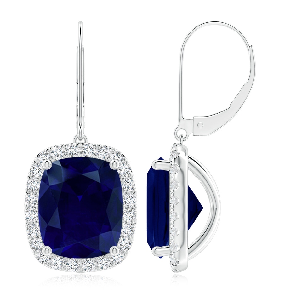 12x10mm AA Cushion Blue Sapphire Leverback Earrings with Diamond Halo in P950 Platinum 