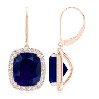 12x10mm AA Cushion Blue Sapphire Leverback Earrings with Diamond Halo in Rose Gold