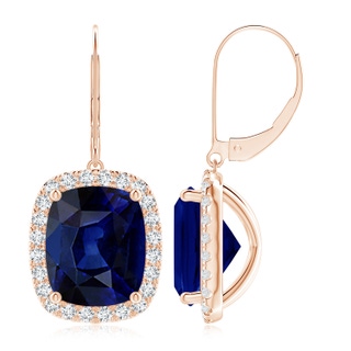 12x10mm AAA Cushion Blue Sapphire Leverback Earrings with Diamond Halo in Rose Gold