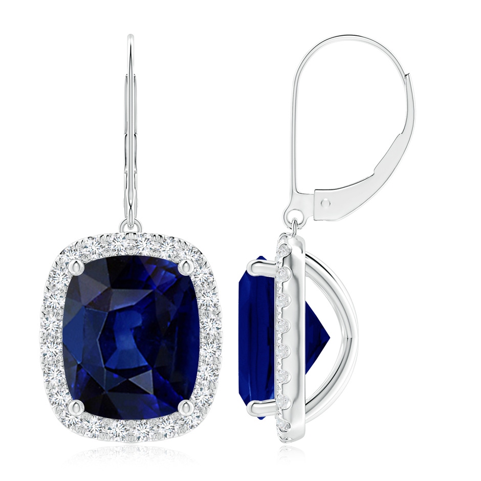 12x10mm AAA Cushion Blue Sapphire Leverback Earrings with Diamond Halo in S999 Silver 