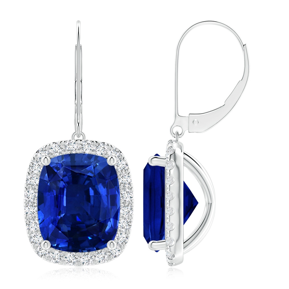 12x10mm Lab-Grown Cushion Blue Sapphire Leverback Earrings with Diamond Halo in P950 Platinum 