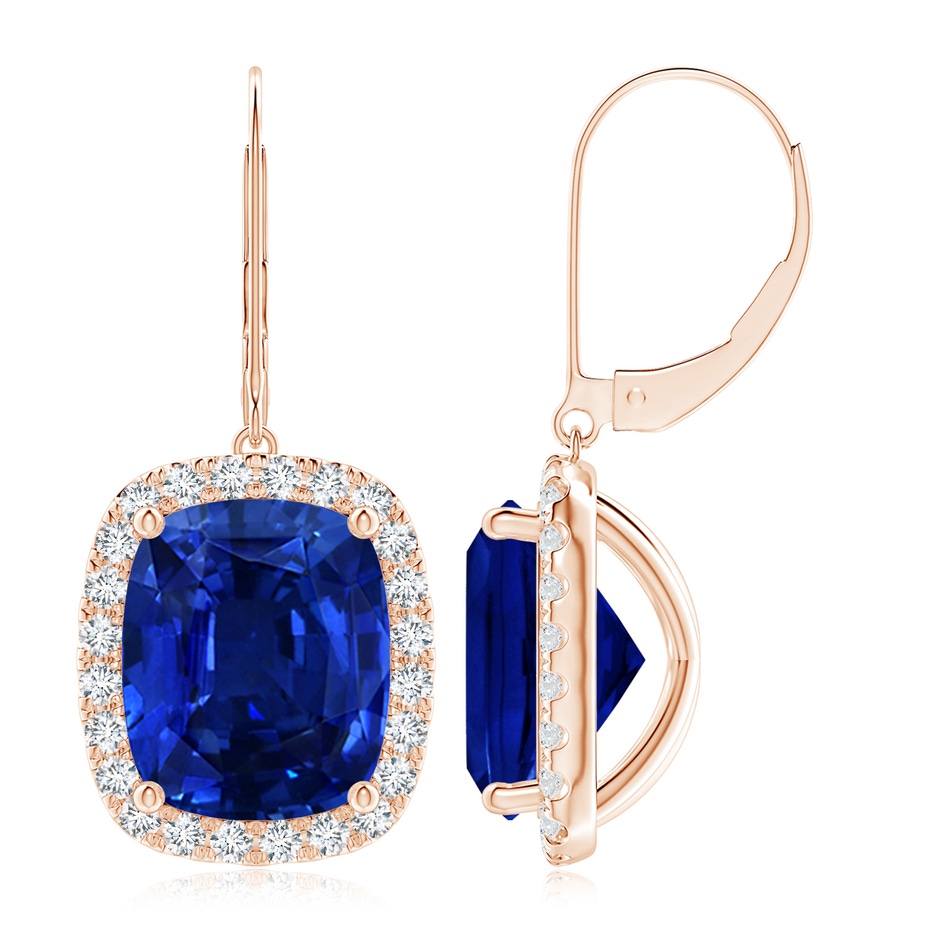 12x10mm Lab-Grown Cushion Blue Sapphire Leverback Earrings with Diamond Halo in Rose Gold 