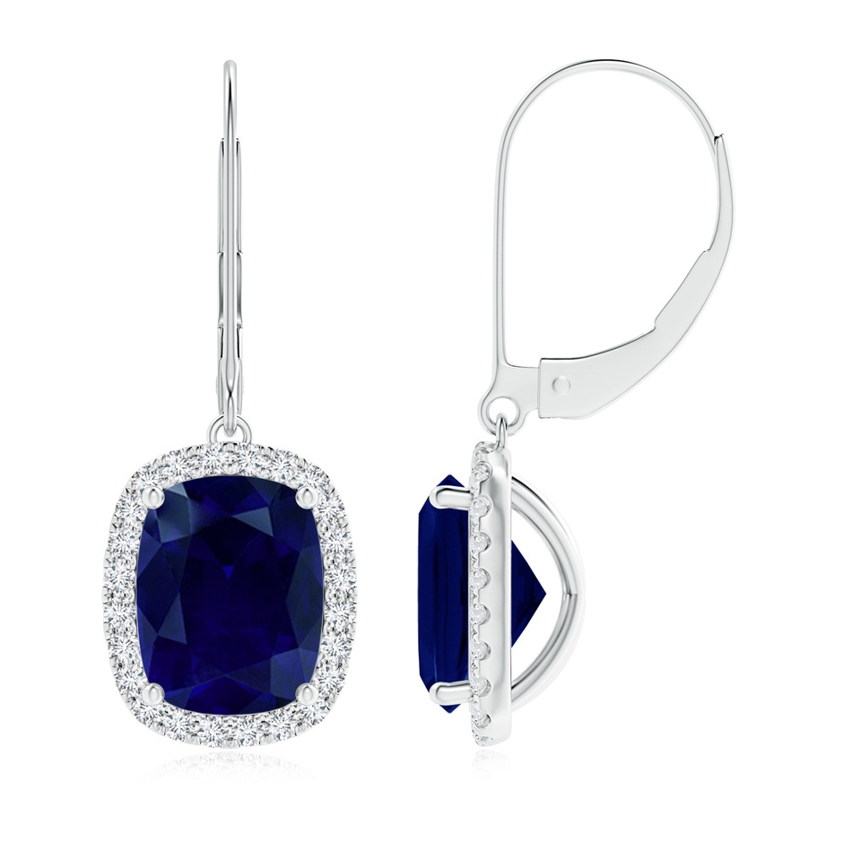 9x7mm AA Cushion Blue Sapphire Leverback Earrings with Diamond Halo in P950 Platinum 