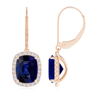 9x7mm AAA Cushion Blue Sapphire Leverback Earrings with Diamond Halo in Rose Gold