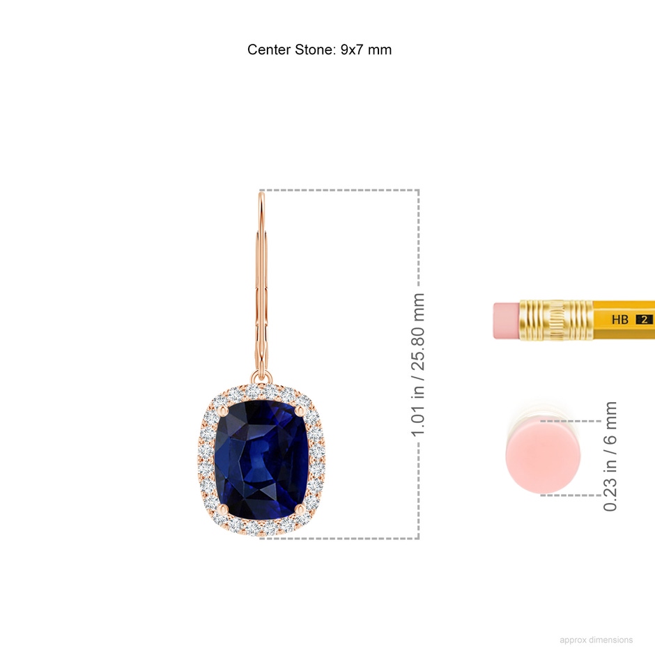 9x7mm AAA Cushion Blue Sapphire Leverback Earrings with Diamond Halo in Rose Gold ruler