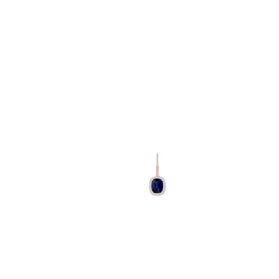 9x7mm AAA Cushion Blue Sapphire Leverback Earrings with Diamond Halo in Rose Gold ear