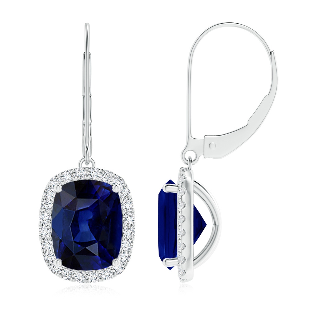 9x7mm AAA Cushion Blue Sapphire Leverback Earrings with Diamond Halo in White Gold