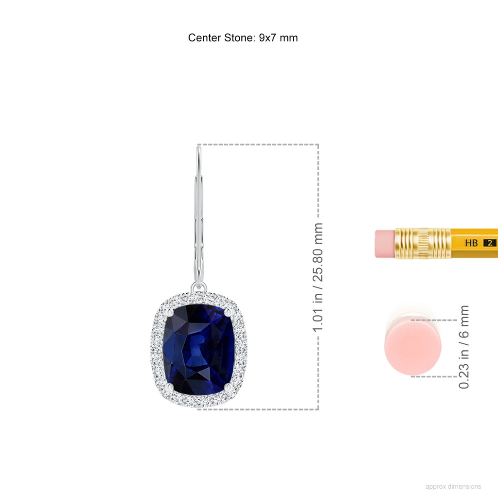9x7mm AAA Cushion Blue Sapphire Leverback Earrings with Diamond Halo in White Gold ruler
