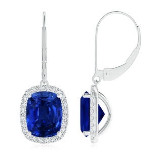 9x7mm AAAA Cushion Blue Sapphire Leverback Earrings with Diamond Halo in P950 Platinum