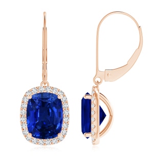 9x7mm AAAA Cushion Blue Sapphire Leverback Earrings with Diamond Halo in Rose Gold