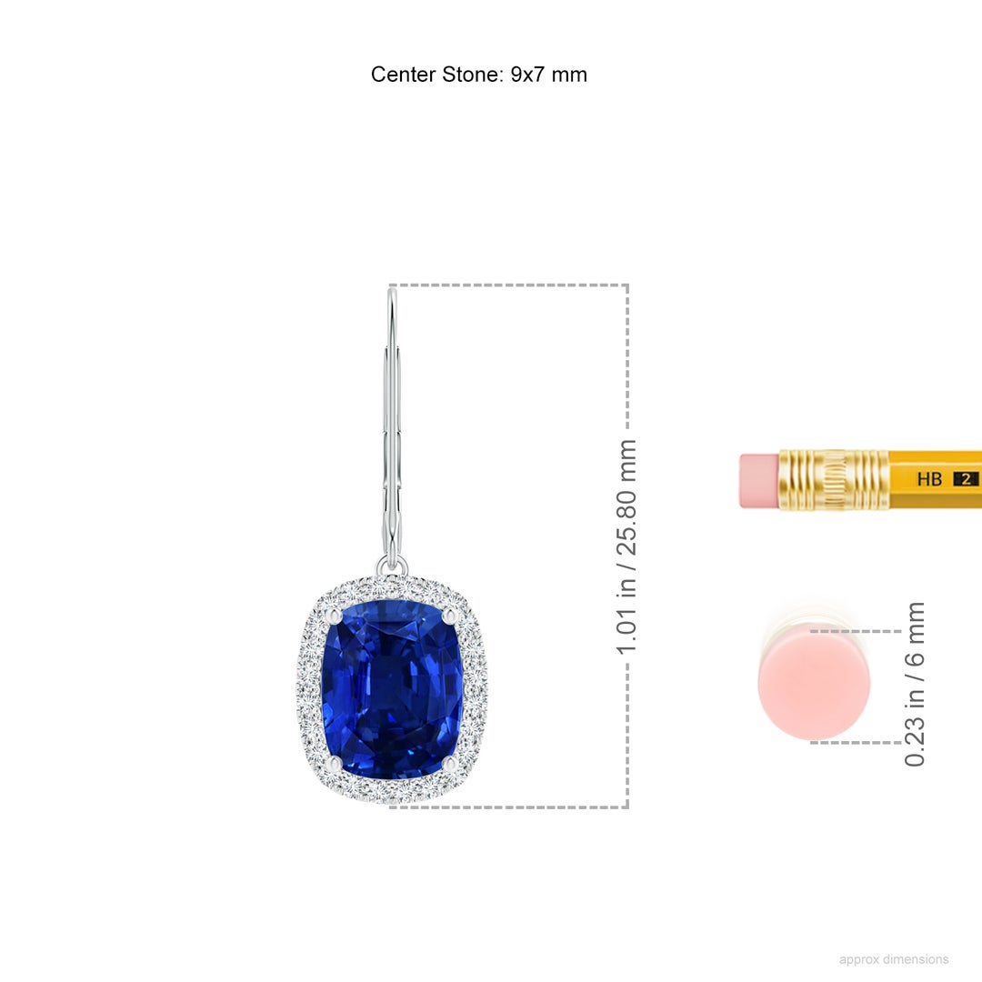 9x7mm AAAA Cushion Blue Sapphire Leverback Earrings with Diamond Halo in White Gold - ruler