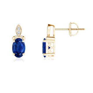 6x4mm AAA Oval Sapphire Stud Earrings with Diamond Leaf Motif in Yellow Gold