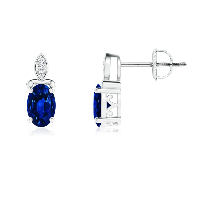 6x4mm AAAA Oval Sapphire Stud Earrings with Diamond Leaf Motif in P950 Platinum