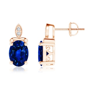 8x6mm AAAA Oval Sapphire Stud Earrings with Diamond Leaf Motif in Rose Gold