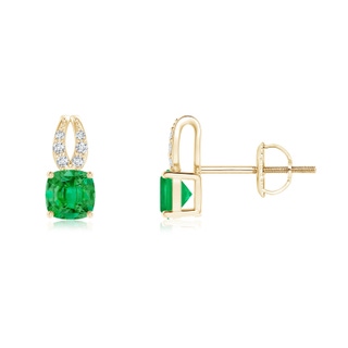 4mm AAA Cushion Emerald Stud Earrings with Diamond Accents in Yellow Gold
