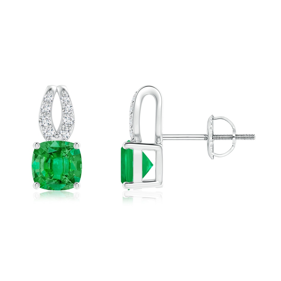 5mm AAA Cushion Emerald Stud Earrings with Diamond Accents in White Gold 