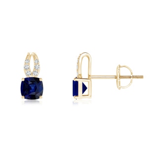 4mm AAA Cushion Blue Sapphire Stud Earrings with Diamond Accents in Yellow Gold