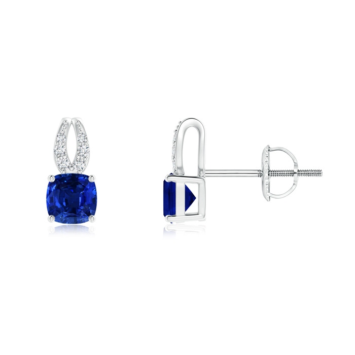 4mm AAAA Cushion Blue Sapphire Stud Earrings with Diamond Accents in P950 Platinum