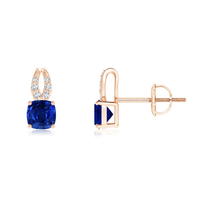 4mm AAAA Cushion Blue Sapphire Stud Earrings with Diamond Accents in Rose Gold