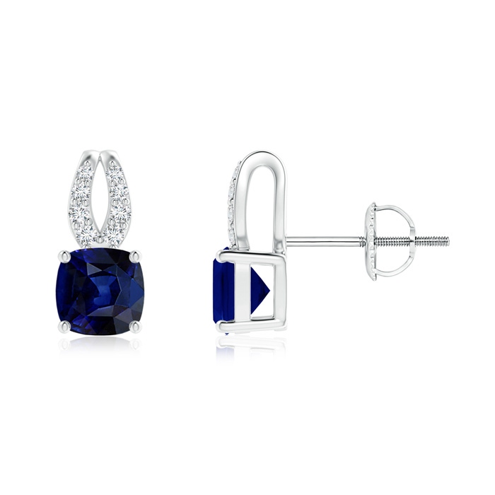 5mm AAA Cushion Blue Sapphire Stud Earrings with Diamond Accents in White Gold