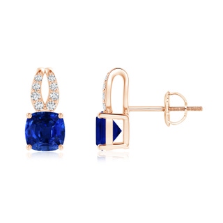 5mm AAAA Cushion Blue Sapphire Stud Earrings with Diamond Accents in Rose Gold