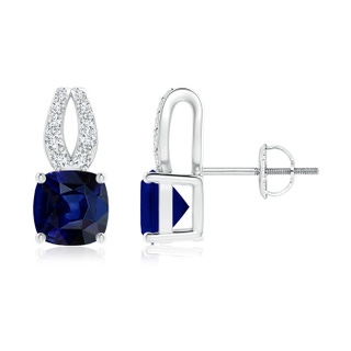 6mm AAA Cushion Blue Sapphire Stud Earrings with Diamond Accents in P950 Platinum