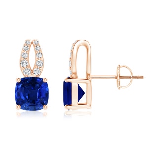 6mm AAAA Cushion Blue Sapphire Stud Earrings with Diamond Accents in Rose Gold