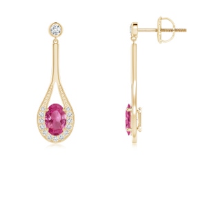 6x4mm AAAA Oval Pink Sapphire Long Drop Earrings with Diamond in 9K Yellow Gold