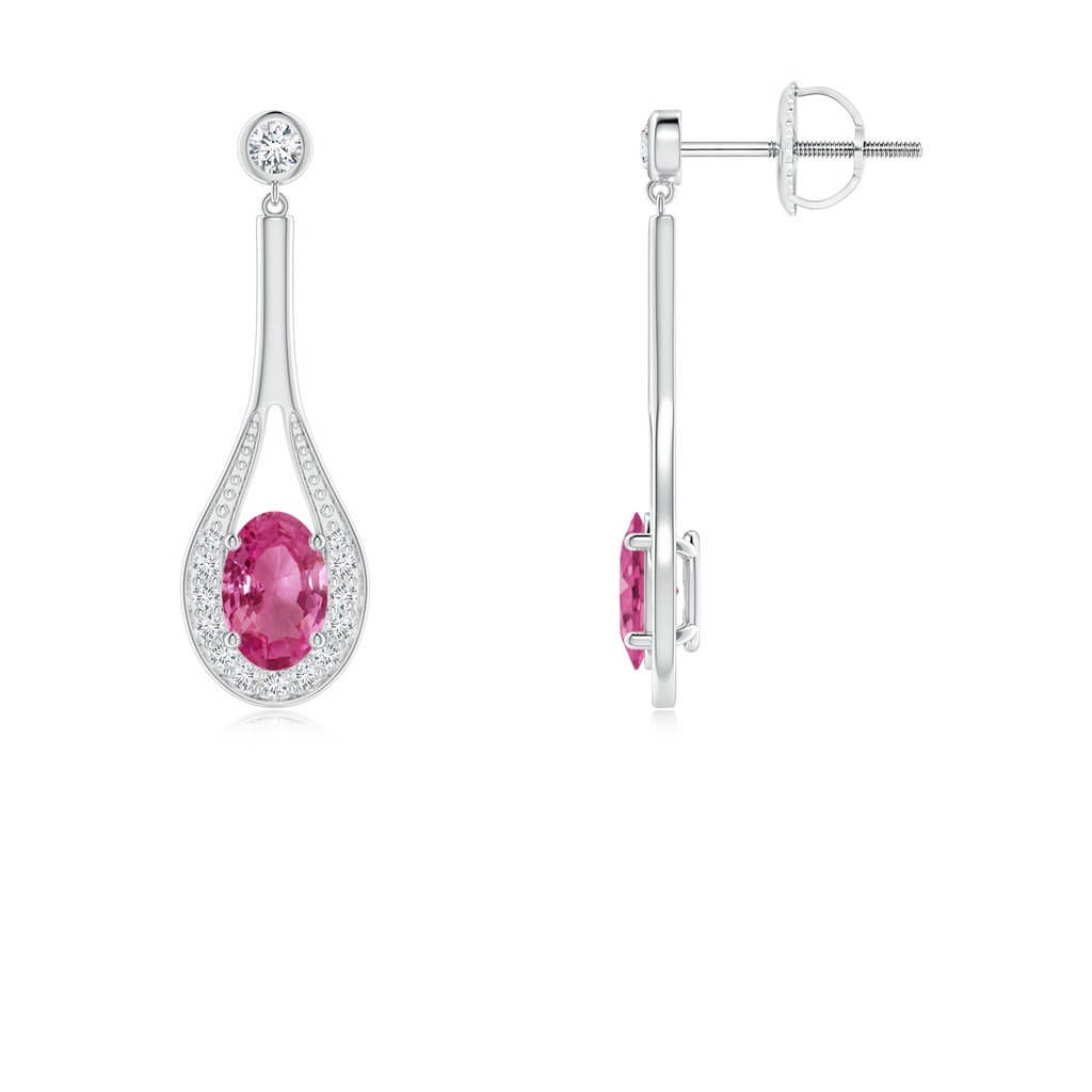 6x4mm AAAA Oval Pink Sapphire Long Drop Earrings with Diamond in P950 Platinum