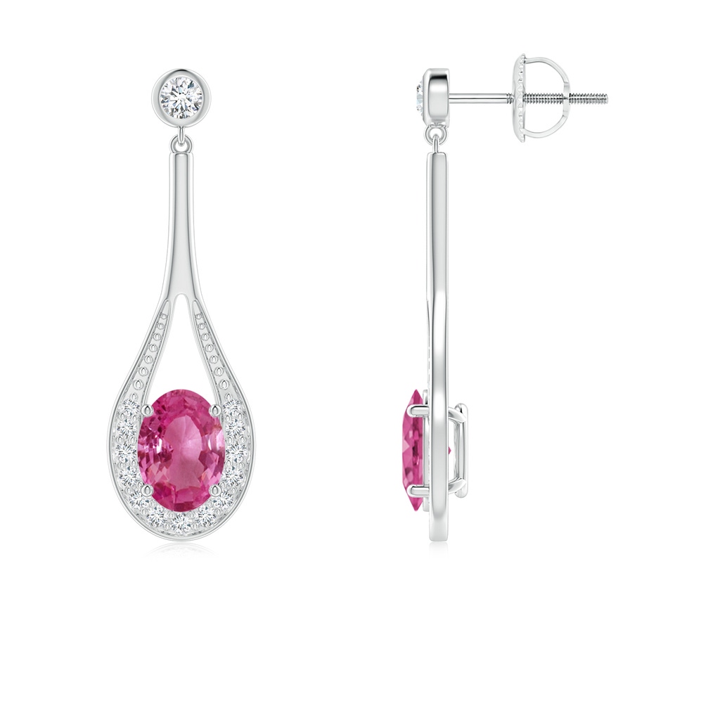 7x5mm AAAA Oval Pink Sapphire Long Drop Earrings with Diamond in White Gold