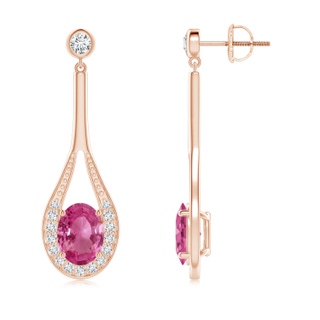 8x6mm AAAA Oval Pink Sapphire Long Drop Earrings with Diamond in Rose Gold