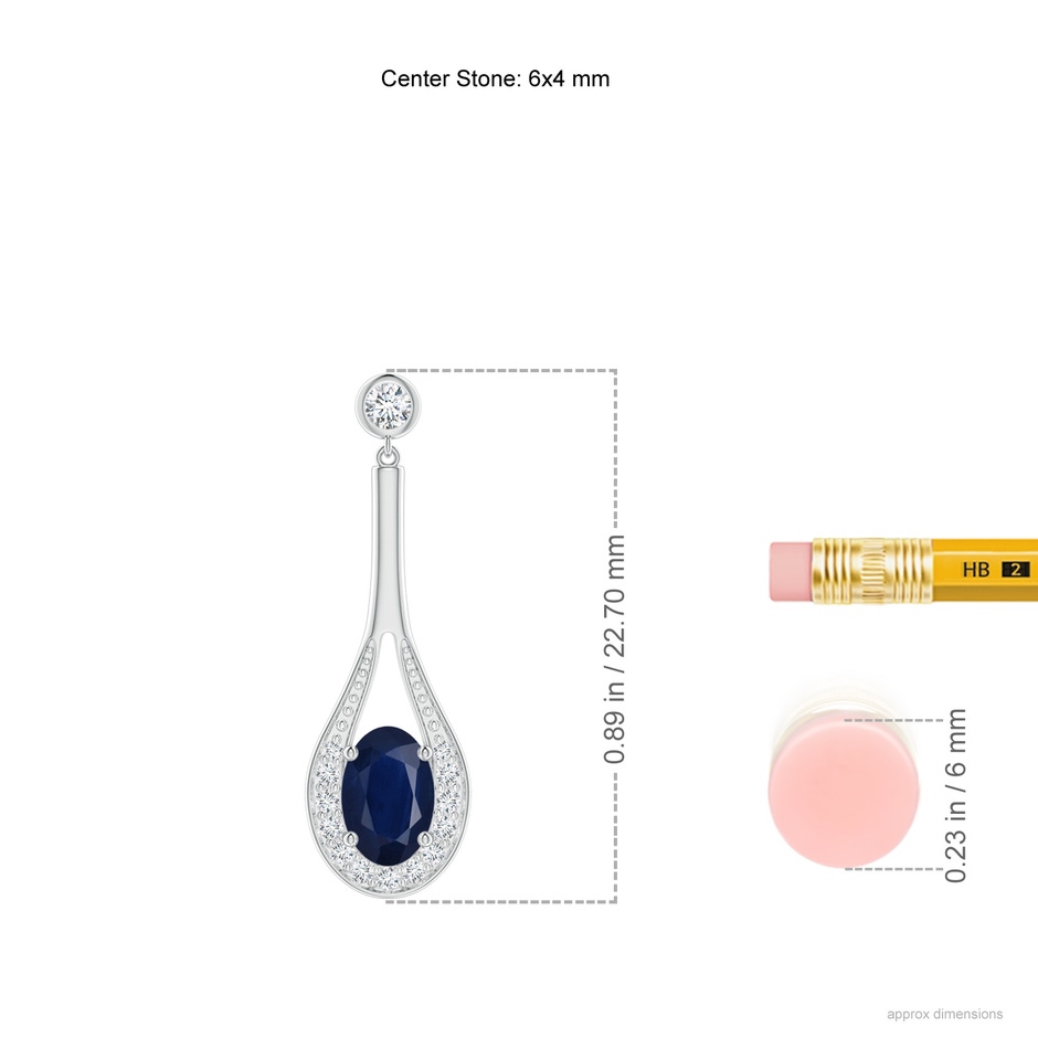 6x4mm A Oval Blue Sapphire Long Drop Earrings with Diamond in White Gold ruler
